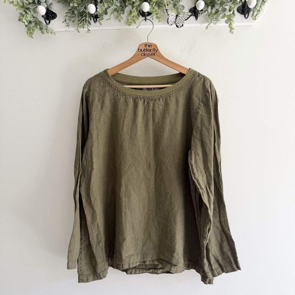 Flax Olive Green Linen Long Sleeve Blouse Medium bohemian lagenlook 17-5886